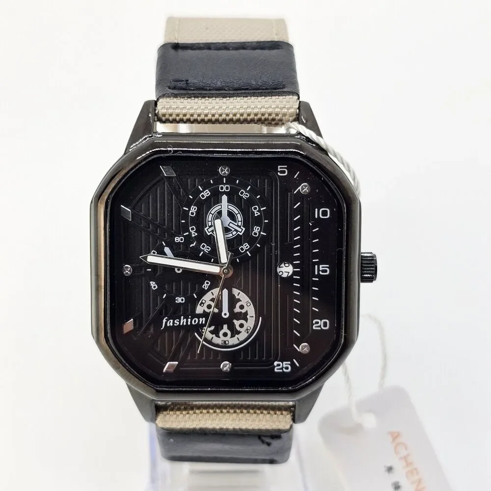 Men's Watch 42MM Black Case Black Dial Date‎ Black Tan Canvas Band Straps
